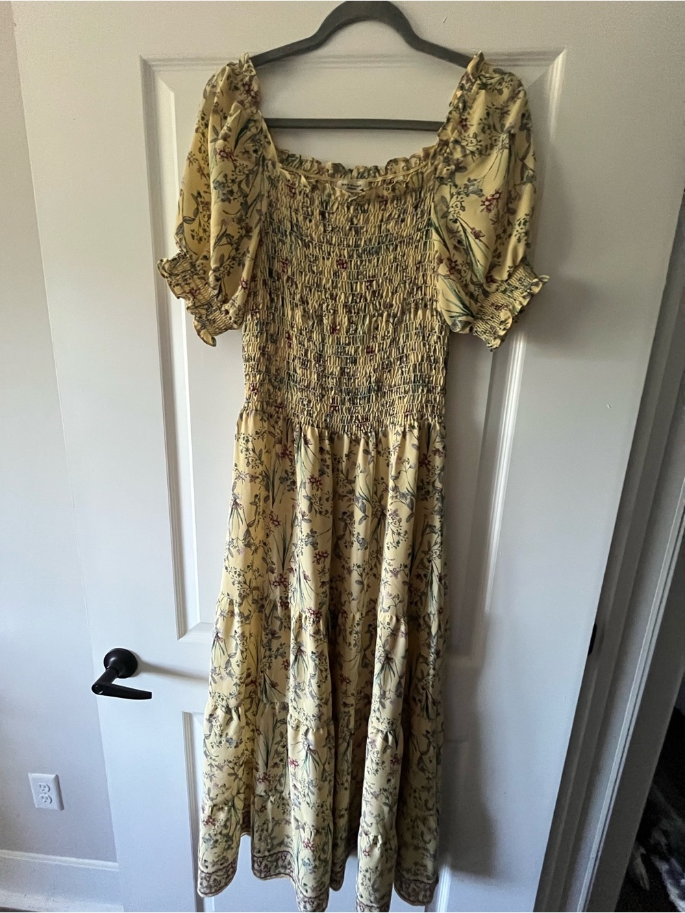 Max Studio Yellow Floral Smocked Maxi Dress with Puff Sleeves